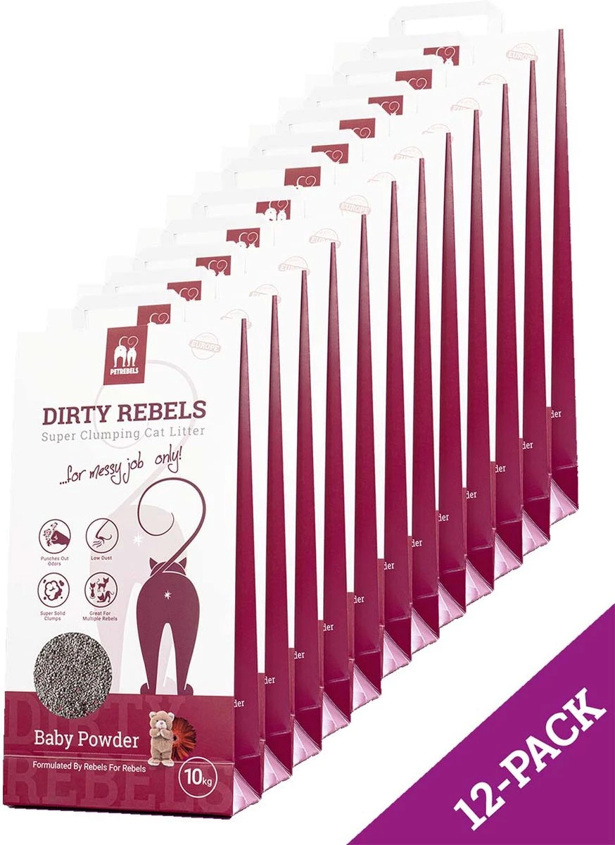Dirty Rebels Kattenbakvulling BABY POWDER β 12-pack (12Γ10 L) β Extreem Snel Klontvormend