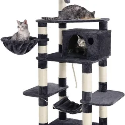 Rootz Krabpaal – Kattenkrabpaal – Krabpaal – Hoge Krabpaal – Duurzame Krabpaal – Krabpaal Met Voerbak – Grijs – 90 X 50 X 164 Cm (B X D X H)