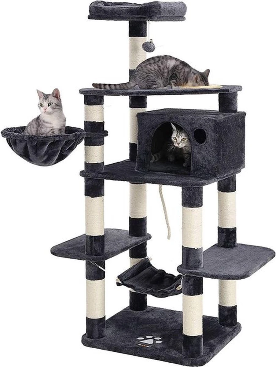 Rootz Krabpaal – Kattenkrabpaal – Krabpaal – Hoge Krabpaal – Duurzame Krabpaal – Krabpaal Met Voerbak – Grijs – 90 X 50 X 164 Cm (B X D X H)