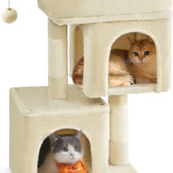 MIDA® Krabpaal Met 2 Huisjes – Krabpaal Voor Katten – Meerdere Niveaus – Beige