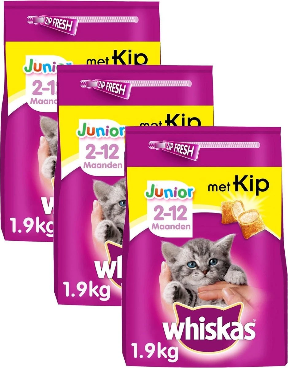 Whiskas Brokjes Junior โ Kip โ Kattenvoer โ 3 X 1.9 Kg