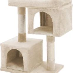 Krabpaal Met Groot Platform En 2 Pluche Grotten Speelhuis, Klimboom Voor Katten Beige PCT61M